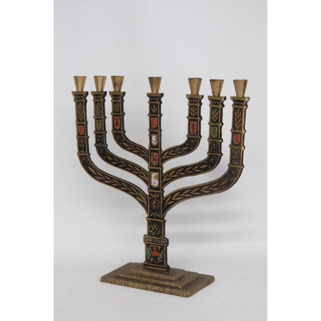 1960s Jerusalem Seven Branch Brass Menorah Enamel Shields 12 Tribes of Israel 4504b For Sale - Image 5 of 14