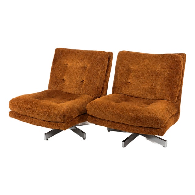 Pair of 1970s Thayer Coggin Chrome Swivel Lounge Chairs For Sale