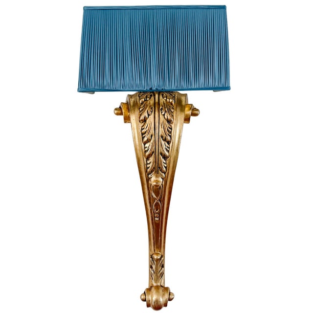 French French Grand Scale Parisian Giltwood Corbel Sconces With Blue Pleated Silk Shades - A Pair For Sale - Image 3 of 13