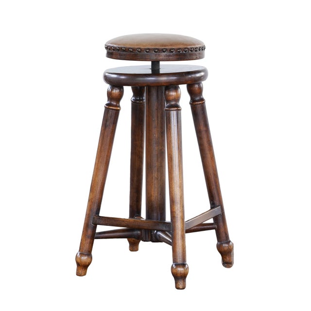 Art Deco Matthew Izzo Home Public House Recycled Birch Wood Bar Stool With Ochre Leather Seat and Nailheads For Sale - Image 3 of 3