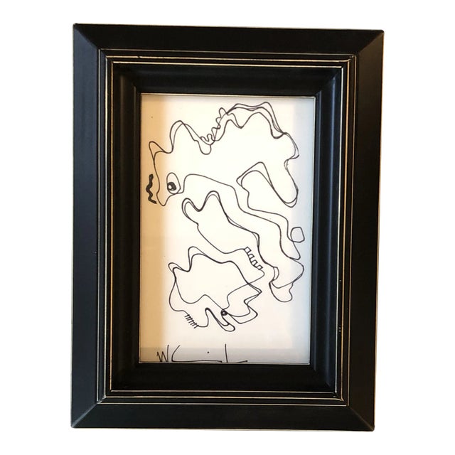Original Vintage Small Wayne Cunningham Abstract Ink Drawing Framed Signed For Sale