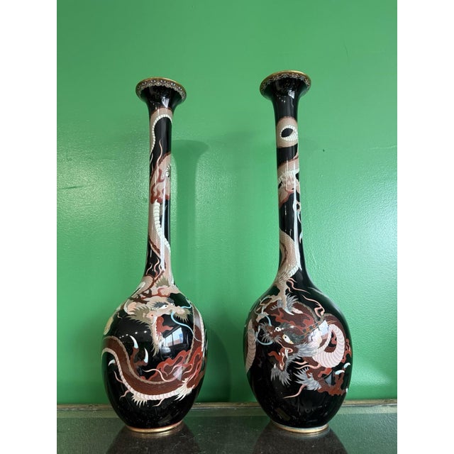 Late 19th Century Monumental Pair of Meiji Japanese Cloisonne Enamel Dragons on Black Enamel Vases For Sale - Image 5 of 9