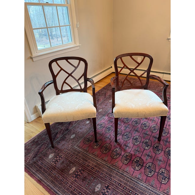 Beautiful Kindel Federal style upholstered dining chairs with arms. White brocade fabric upholstery. Chairs in excellent...