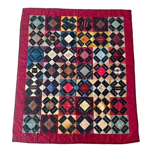 Antique Patchwork Embroidered Signature Quilt, Mid 19th Century For Sale
