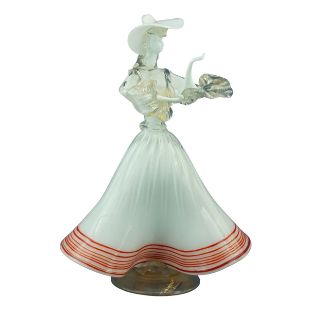 20th Century Murano Opaline Glass Sculpture of a Lady with Red and Gold Glass Paste attributed to Archimede Seguso, Italy For Sale