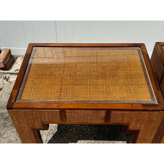 Wood MCM Harrison Van Horn Style Woven Rattan Parsons Side Tables - A Pair For Sale - Image 7 of 12