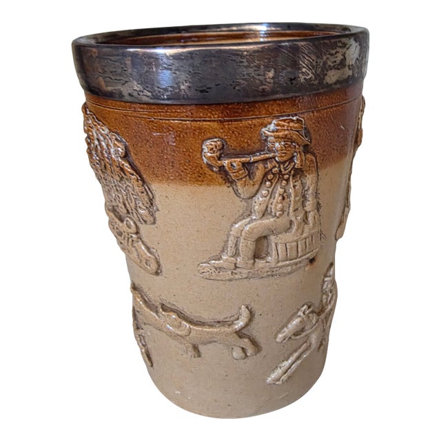 Antique English Stoneware Beaker With Sterling Rim For Sale