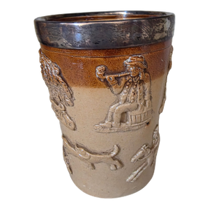 Antique English Stoneware Beaker With Sterling Rim