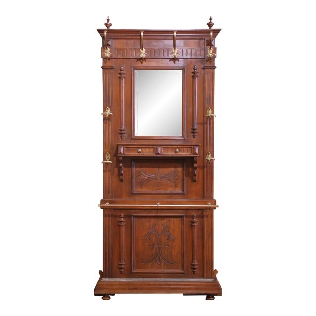 19th Century French Carved Walnut Halltree With Mirror and Brass Hooks For Sale