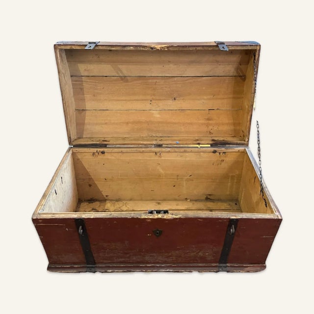 Early 19th Century American Painted Wooden Trunk With Wrought and Hammered Iron Hardware For Sale - Image 9 of 11