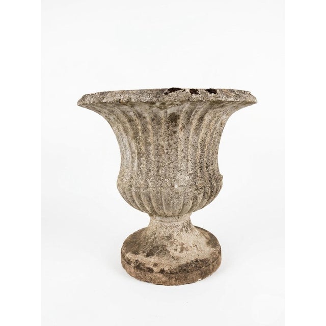 Stone Pair of Vintage Mid-Century Fluted Cast Stone Garden Urns For Sale - Image 7 of 12