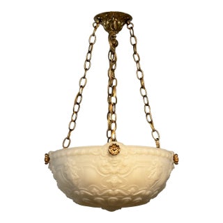 Neoclassical Style Cast Glass and Brass Pendant Light Fixture, Circa 1910 For Sale