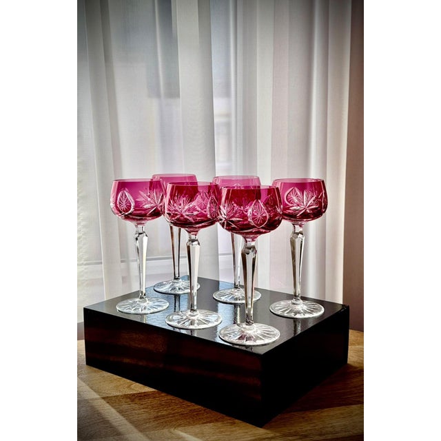 Vintage Ruby Cut-to-Clear Crystal Hock Wine Glasses, 1950, Set of 6 For Sale - Image 12 of 16