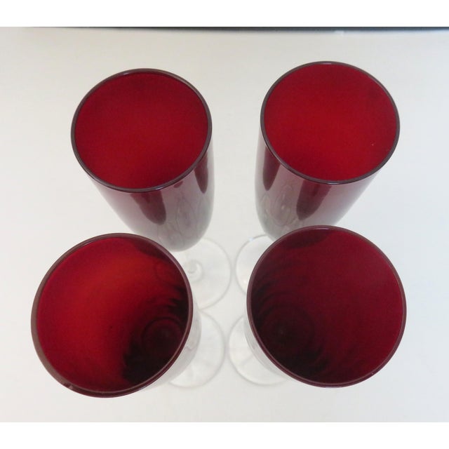 1990s Lenox Holiday Gems Ruby Red Crystal Blown Glass Champagne Flutes- Set of 4 For Sale - Image 4 of 5