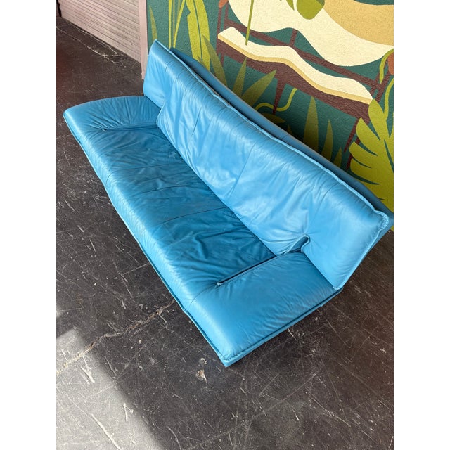 1990s Vintage Postmodern Italian Nicoletti Attrb Blue Leather Sofa For Sale - Image 5 of 12