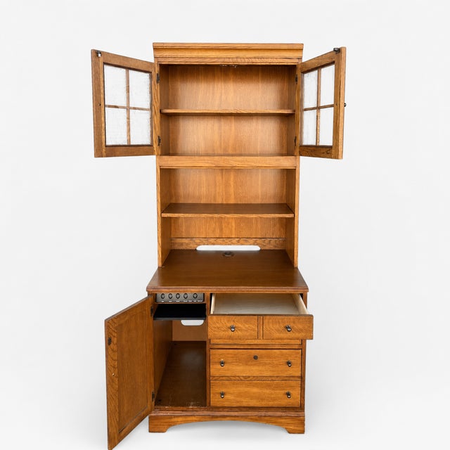 1990s Pair of Cottage Style Oak Hutch Cabinets With Glass Doors For Sale - Image 17 of 18