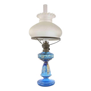 Antique Blue Glass Kerosene Lamp, Early 20th Century For Sale