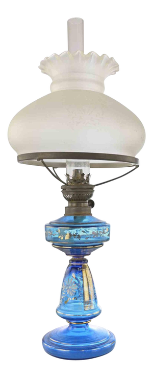 Antique Blue Glass Kerosene Lamp, Early 20th Century
