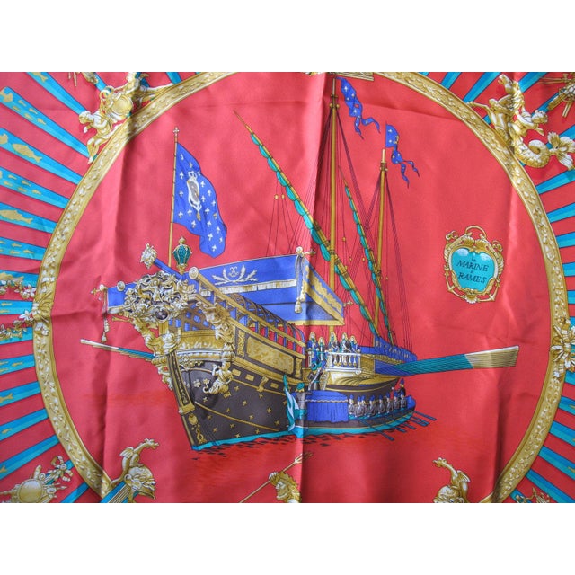 Vintage Hermes France Carre 90 graphic designer scarf, 'La Marine a Rames' (The Navy with Oars or The Rowing Navy)....