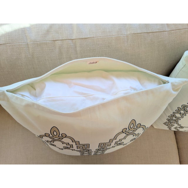 English Custom Embroidered Taffard Fabric Pillow Covers- Set of 2 For Sale - Image 3 of 8