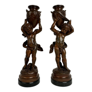 Magnificent Pair of French Patinated Bronze Candlesticks by Moreau, Circa 1880