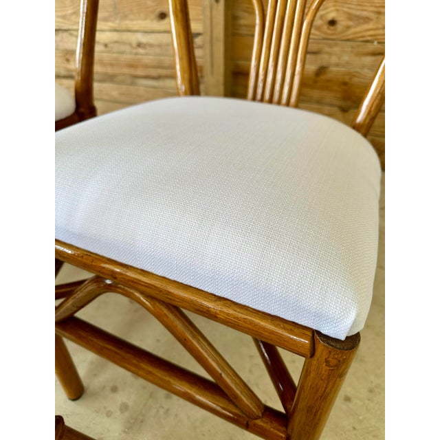 Wood Set of 6 Restored Coastal Rattan Dining Chairs in White Sunbrella For Sale - Image 7 of 11