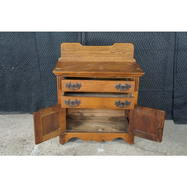 Antique American Victorian Oak Washstand Commode Chest Cabinet Backsplash For Sale - Image 15 of 18