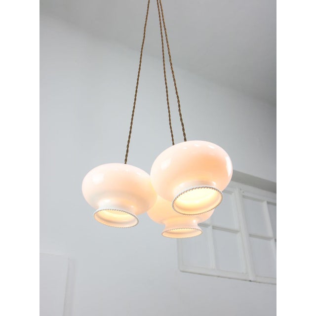 Mid-Century Modern Mid-Century Italian Opaline Glass and Brass Pendant Lamp, Set of 3 For Sale - Image 3 of 18