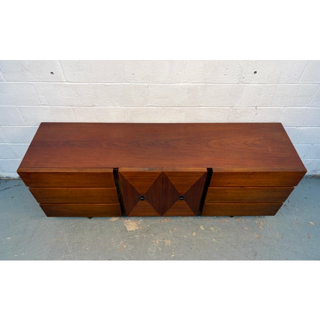 Wood Mid 20th Century Modern American of Martinsville Walnut "Diamond" Triple Lowboy Dresser For Sale - Image 7 of 16
