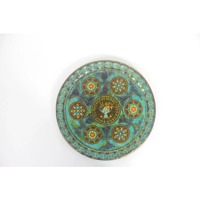 Vintage turquoise blue, decorated metal tray made by Baret Ware This has lots of patina, scratches and rust, as shown in...