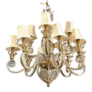 Gilt Iron and Crystal Beaded Chandelier For Sale