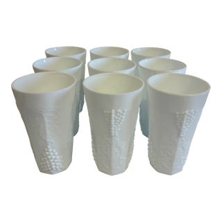 Vintage White Milk Glass Grape & Vine Tumblers, Set of 9 For Sale