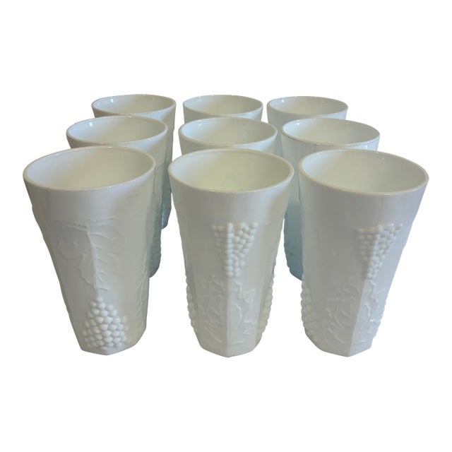 Vintage White Milk Glass Grape & Vine Tumblers, Set of 9 For Sale