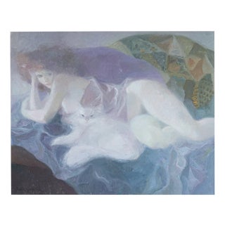 Emilia Castañeda Martínez, Female Figure with Cat, 1970s, Oil on Canvas For Sale