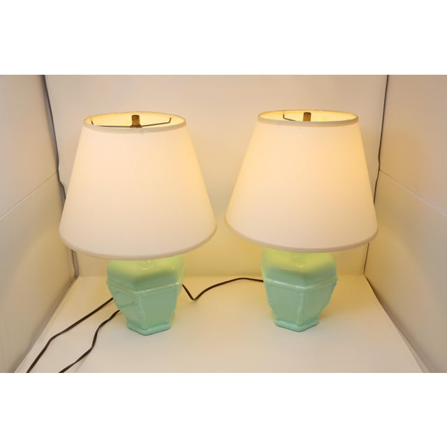 Ceramic Vintage Mint Green Ceramic Table Lamps With Cream Shades - Pair For Sale - Image 7 of 11