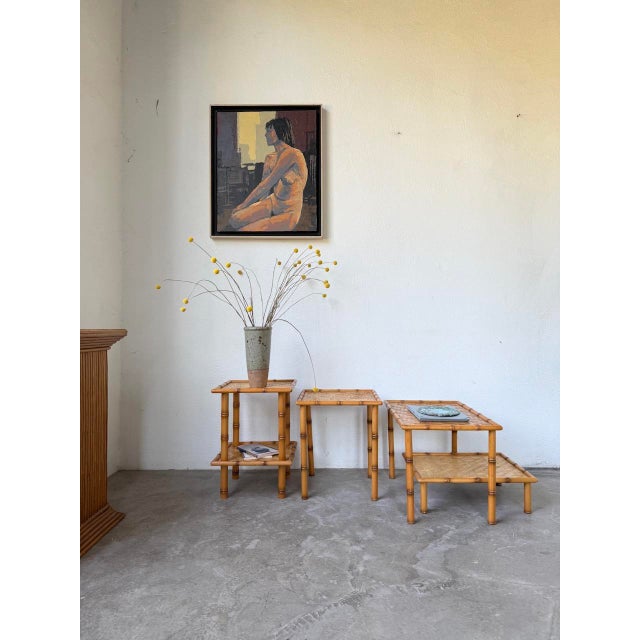 Wood Nesting Tables in Rattan and Wicker, 1970, Set of 4 For Sale - Image 7 of 18