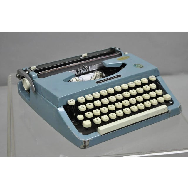 Mid-Century Modern Vintage Brother Webster Xl-747 Portable Typewriter Baby Blue With Metal Case For Sale - Image 3 of 12
