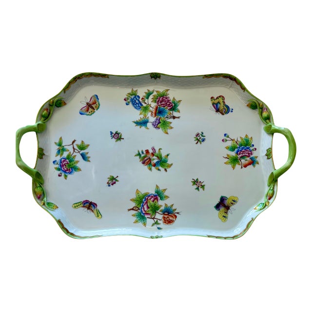 Herend Queen Victoria Rectangular Tray With Brach Handles For Sale