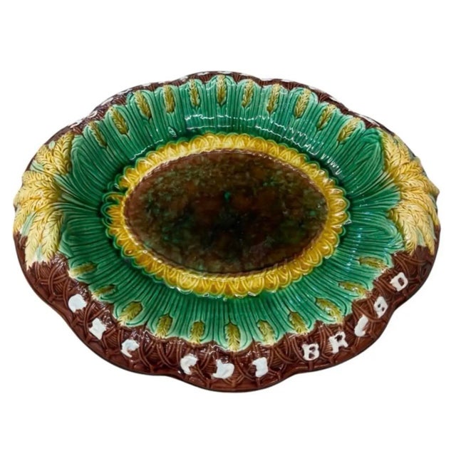 Traditional Vintage Majolica Style Bread Plate / Dish - "Bread Is the Staff of Life" / Wheat & Basketweave Motif For Sale - Image 3 of 12