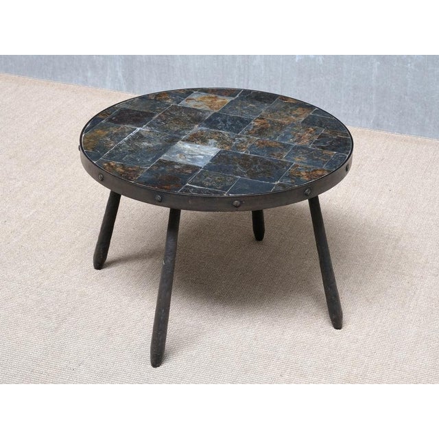 French Brutalist Round Side Table in Wrought Iron and Slate, 1970s For Sale - Image 9 of 13