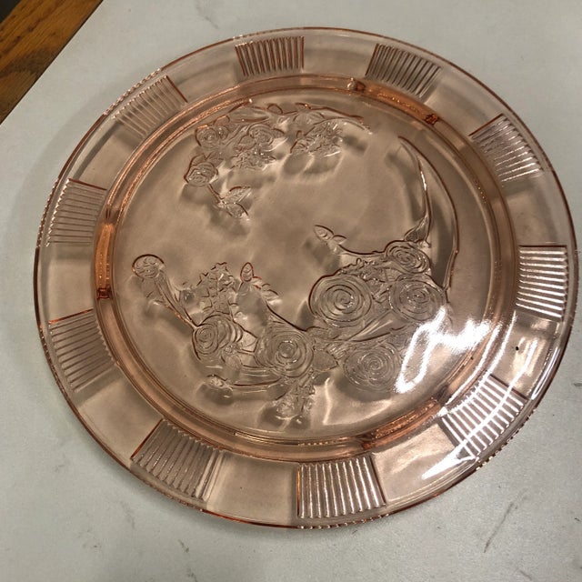 Glass Depression Period Pink Glass Roses Pattern Cake Stand For Sale - Image 7 of 8