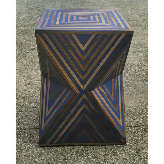 Wood Contemporary Traditional Moroccan Resin and Walnut Wood Stool / Blue Hourglass Silhouette For Sale - Image 7 of 7