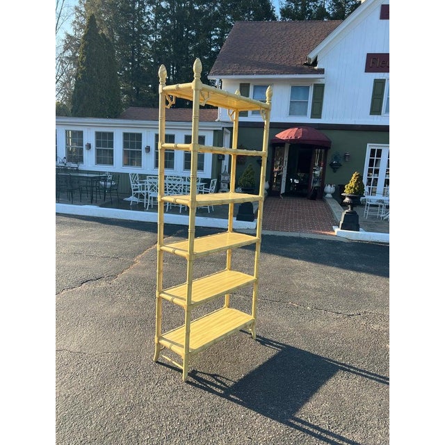 Palm Beach Regency Yellow Faux Bamboo Etagere Bookcase For Sale - Image 10 of 18