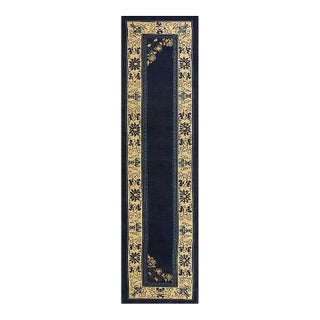 Navy Blue Classic Greek Key Antique Peking Chinese Knotted Hallway Runner Rug For Sale