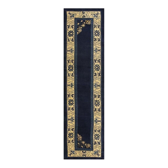 Navy Blue Classic Greek Key Antique Peking Chinese Knotted Hallway Runner Rug For Sale