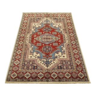 Fine Kazak Rug 5’1” X 6’6” Beige Wool Tribal Hand-Knotted Oriental Carpet For Sale