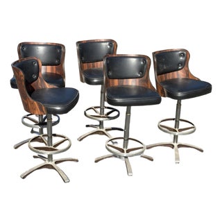 Vintage Modern Daystrom Adjustable Black Bar Stools Molded Curved Backs Set 5 For Sale