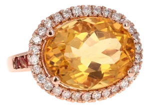 10.74 Carat Oval Cut Citrine Diamond Rose Gold Engagement Ring, Size 7