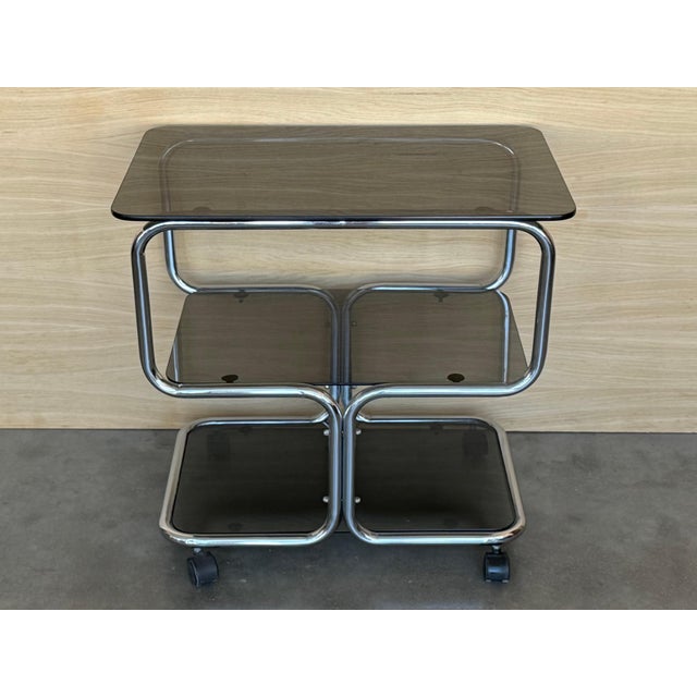Mid Century Sleek Italian Three Tier Chrome and Glass Drinks Trolley On Castors For Sale - Image 18 of 18