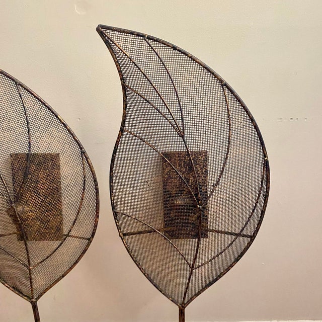 Curtis Jere Mid-Century Modern Pair of Wire Mesh Leaf Candle Wall Sconces For Sale - Image 9 of 12